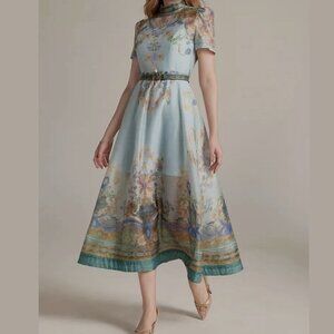 Women A-Line Midi Vintage Dress Size M Blue Floral Print Short Sleeves Belt